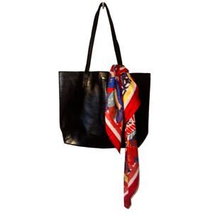 Black Vegan Leather Shoulder Bag with Red Scarf Accent
